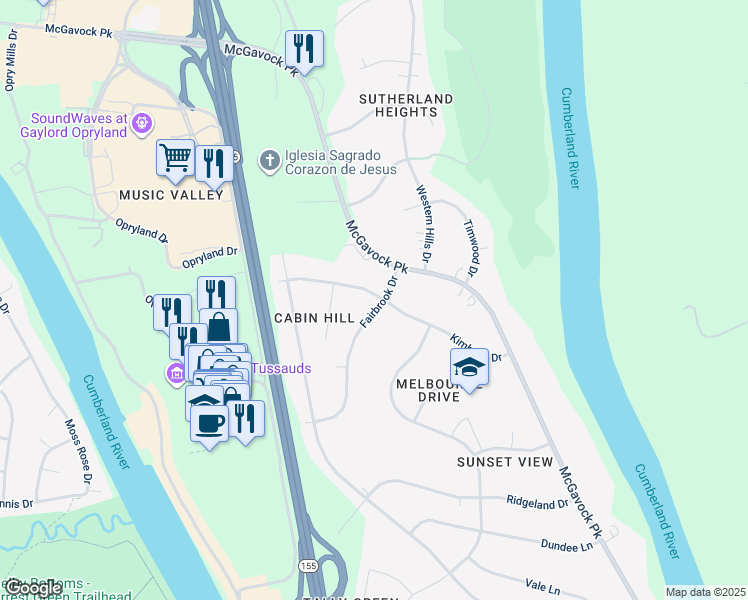 map of restaurants, bars, coffee shops, grocery stores, and more near 2460 Fairbrook Drive in Nashville