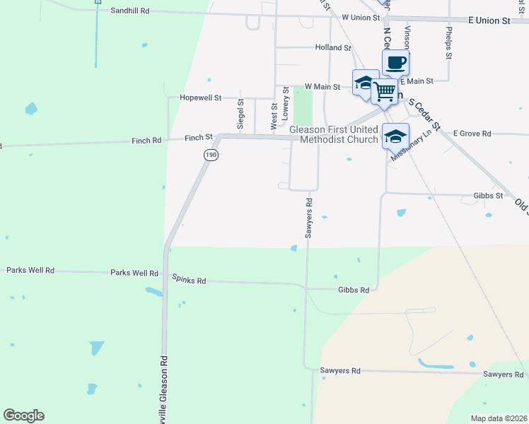 map of restaurants, bars, coffee shops, grocery stores, and more near 203 Peace and Harmony Road in Gleason