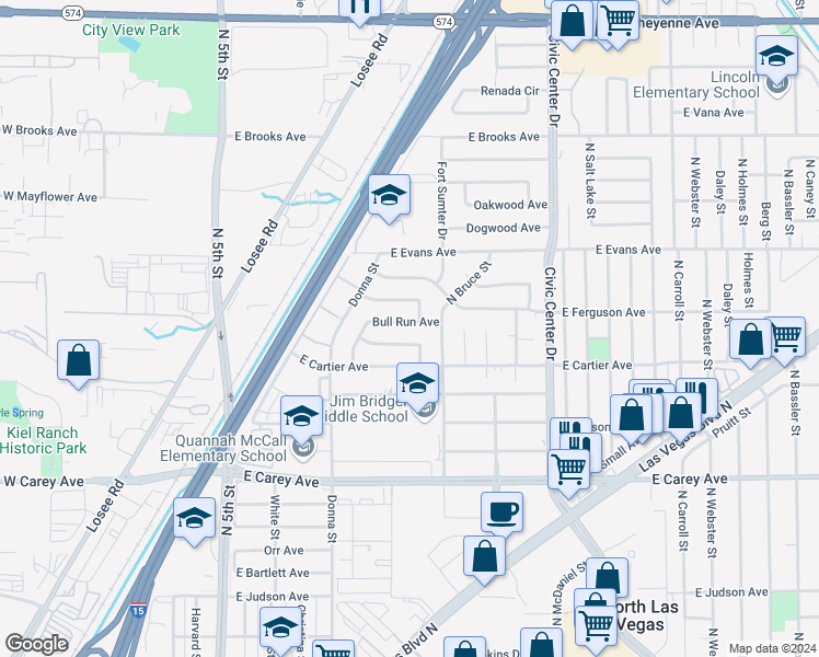map of restaurants, bars, coffee shops, grocery stores, and more near 1115 Bull Run Avenue in North Las Vegas