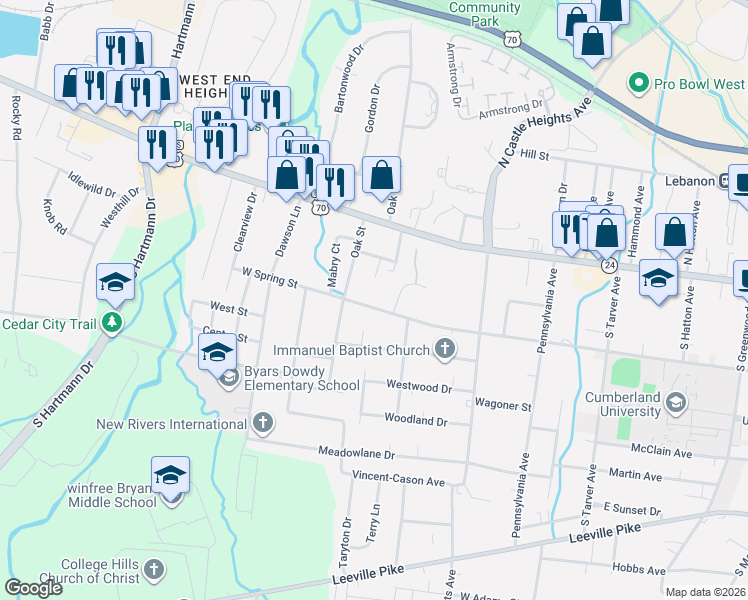 map of restaurants, bars, coffee shops, grocery stores, and more near 115 Oak Street in Lebanon