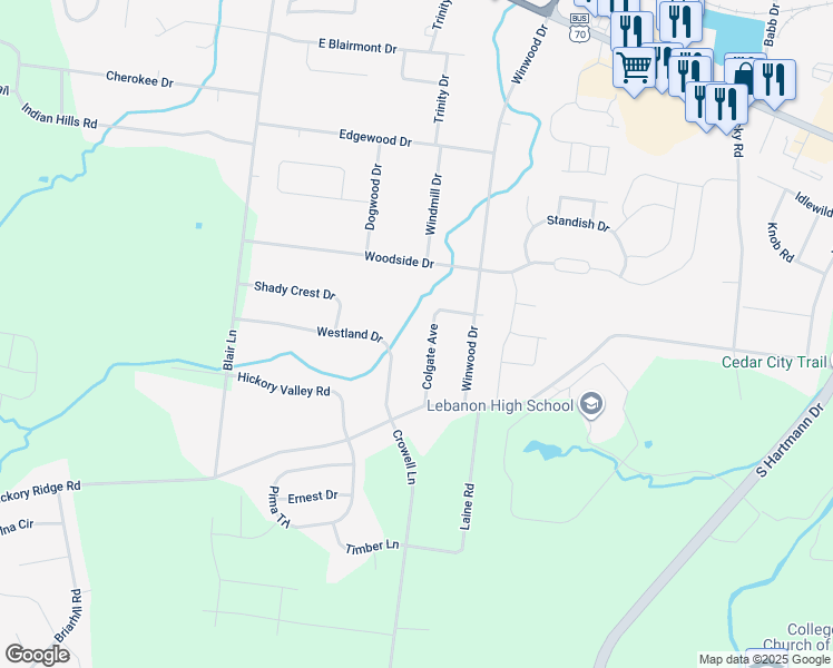 map of restaurants, bars, coffee shops, grocery stores, and more near 401 Colgate Avenue in Lebanon