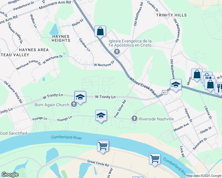 map of restaurants, bars, coffee shops, grocery stores, and more near 819 West Trinity Lane in Nashville