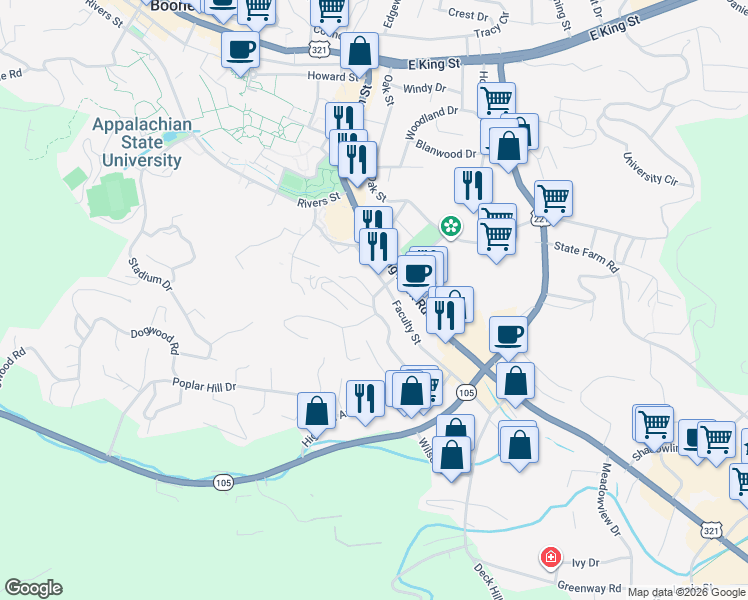 map of restaurants, bars, coffee shops, grocery stores, and more near 139 Highland Avenue in Boone
