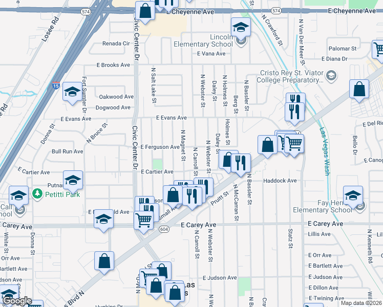 map of restaurants, bars, coffee shops, grocery stores, and more near 2701 North Carroll Street in North Las Vegas