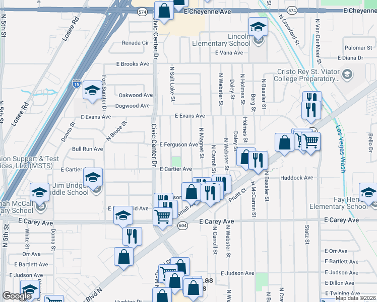 map of restaurants, bars, coffee shops, grocery stores, and more near 2700 North Spear Street in North Las Vegas