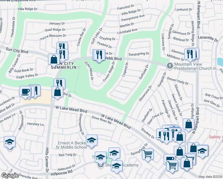 map of restaurants, bars, coffee shops, grocery stores, and more near 2601 Legend Drive in Las Vegas