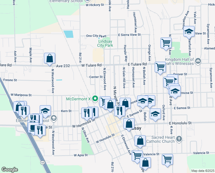 map of restaurants, bars, coffee shops, grocery stores, and more near 531 North Elmwood Avenue in Lindsay