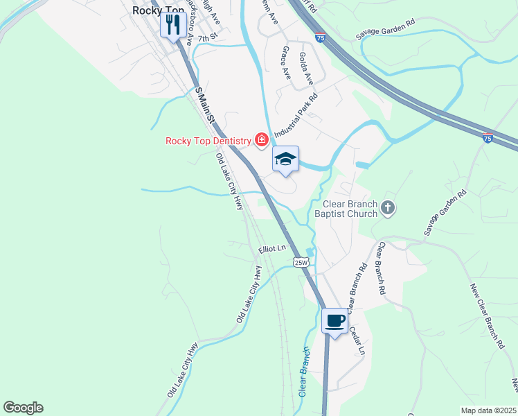 map of restaurants, bars, coffee shops, grocery stores, and more near 1135 South Main Street in Rocky Top