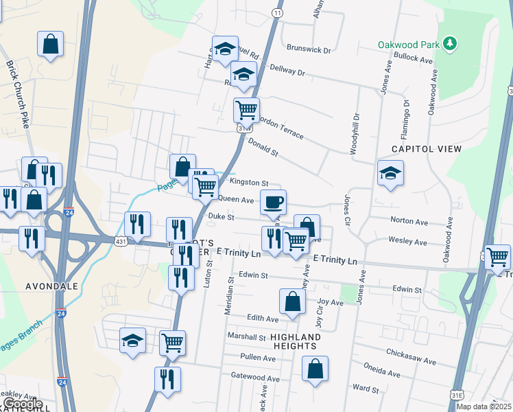 map of restaurants, bars, coffee shops, grocery stores, and more near 207 Queen Avenue in Nashville