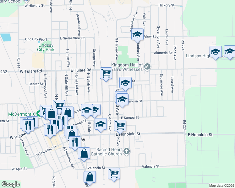 map of restaurants, bars, coffee shops, grocery stores, and more near 340 North Harvard Avenue in Lindsay