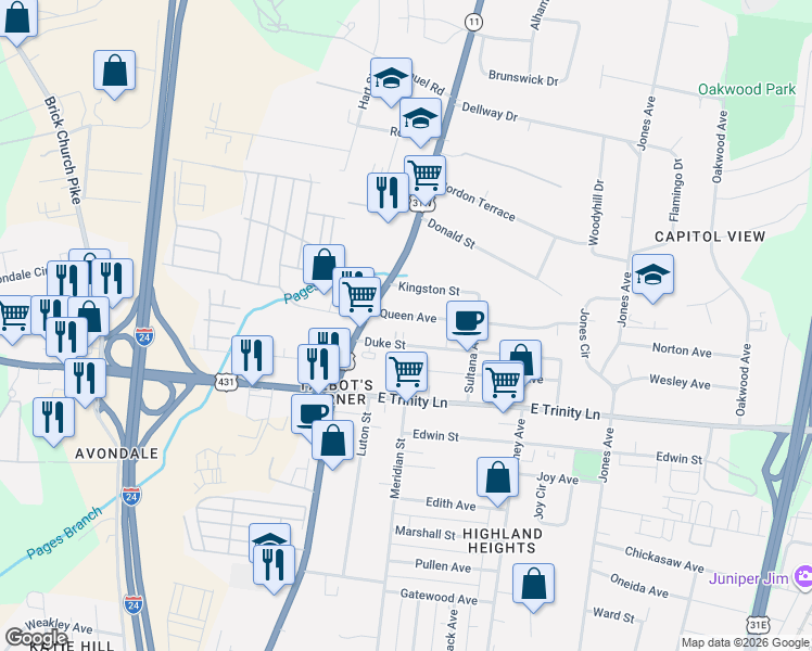 map of restaurants, bars, coffee shops, grocery stores, and more near 107 Queen Avenue in Nashville