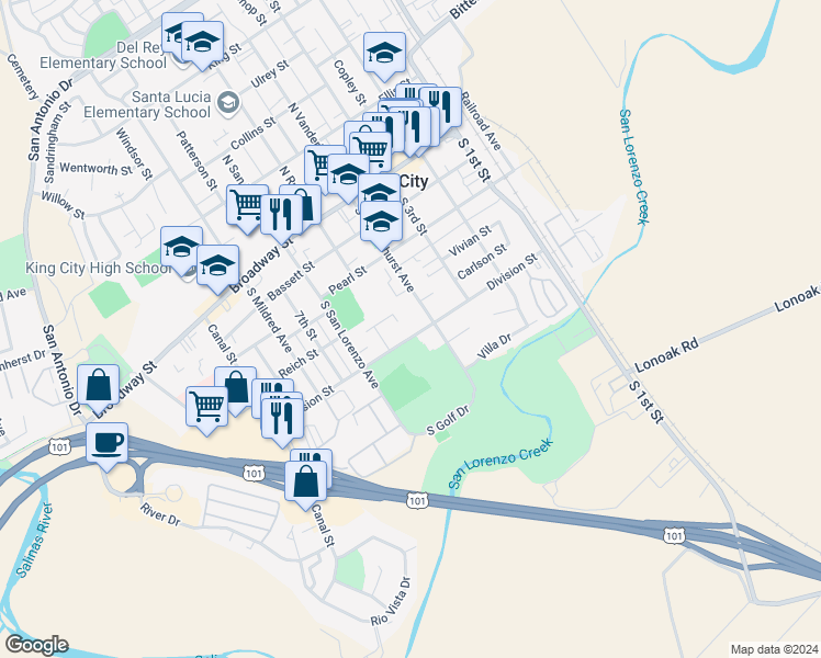 map of restaurants, bars, coffee shops, grocery stores, and more near 422 Division Street in King City