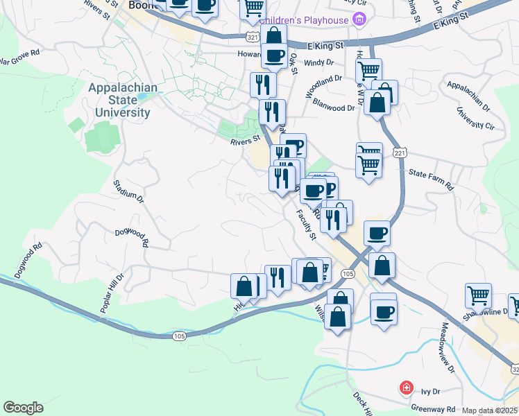 map of restaurants, bars, coffee shops, grocery stores, and more near 323 Charlotte Anne Lane in Boone