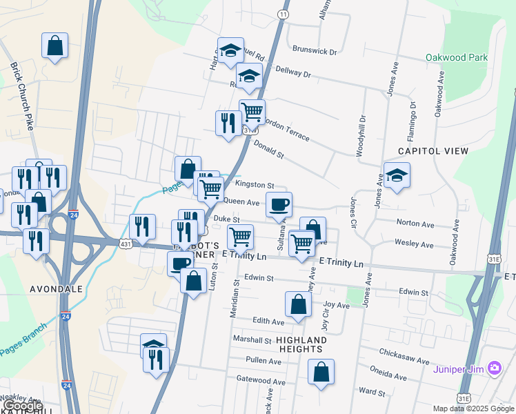 map of restaurants, bars, coffee shops, grocery stores, and more near 207 Queen Avenue in Nashville