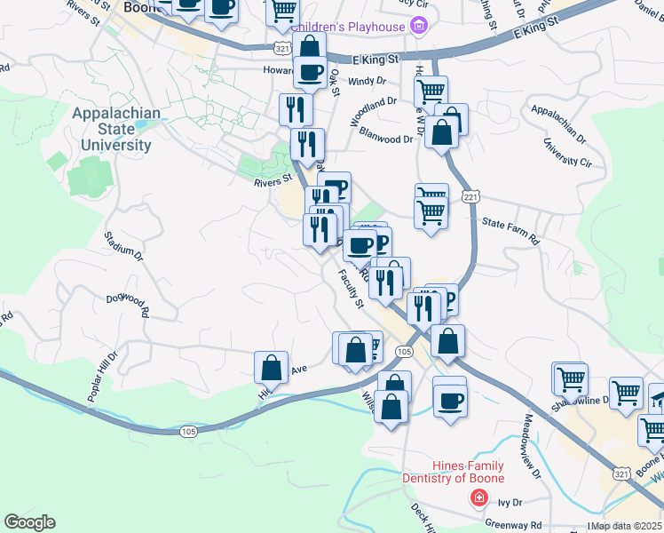 map of restaurants, bars, coffee shops, grocery stores, and more near 244 Faculty Street in Boone