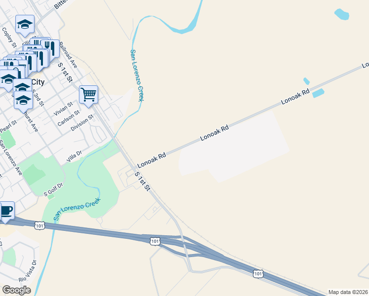 map of restaurants, bars, coffee shops, grocery stores, and more near 48450 Lonoak Road in King City