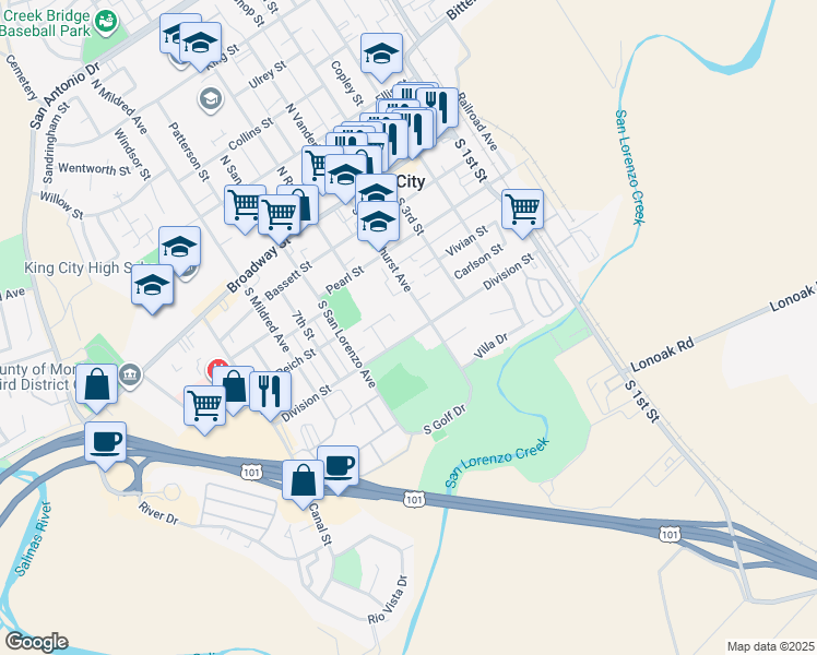 map of restaurants, bars, coffee shops, grocery stores, and more near 422 Division Street in King City