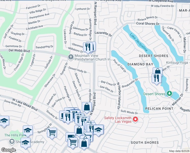 map of restaurants, bars, coffee shops, grocery stores, and more near 2620 Springridge Drive in Las Vegas