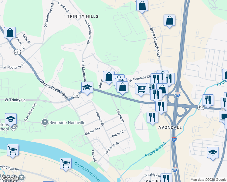 map of restaurants, bars, coffee shops, grocery stores, and more near 411 West Trinity Lane in Nashville