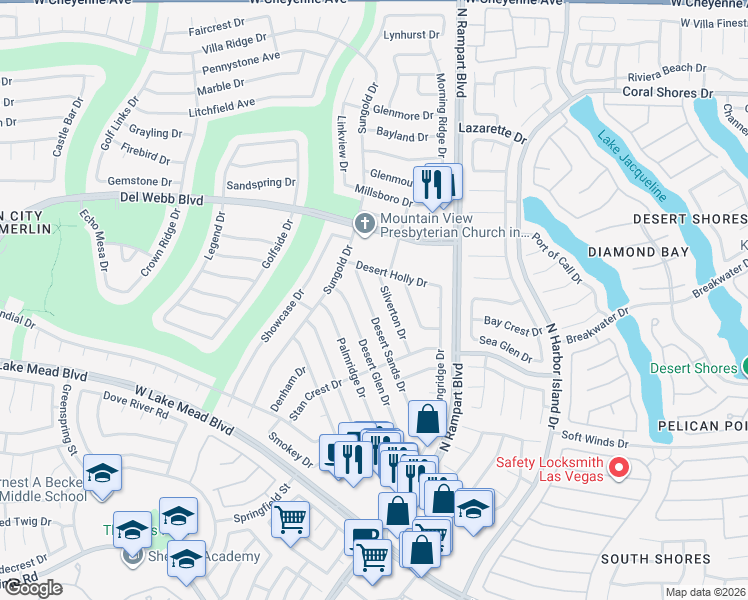 map of restaurants, bars, coffee shops, grocery stores, and more near 2608 Desert Sands Drive in Las Vegas