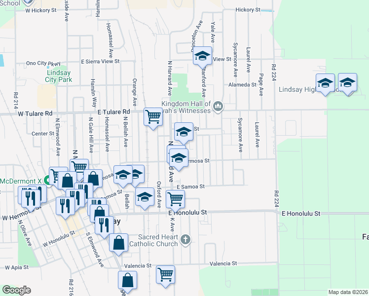 map of restaurants, bars, coffee shops, grocery stores, and more near 340 North Harvard Avenue in Lindsay