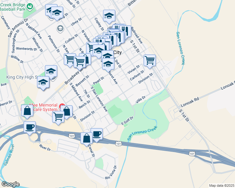 map of restaurants, bars, coffee shops, grocery stores, and more near 416 Division Street in King City