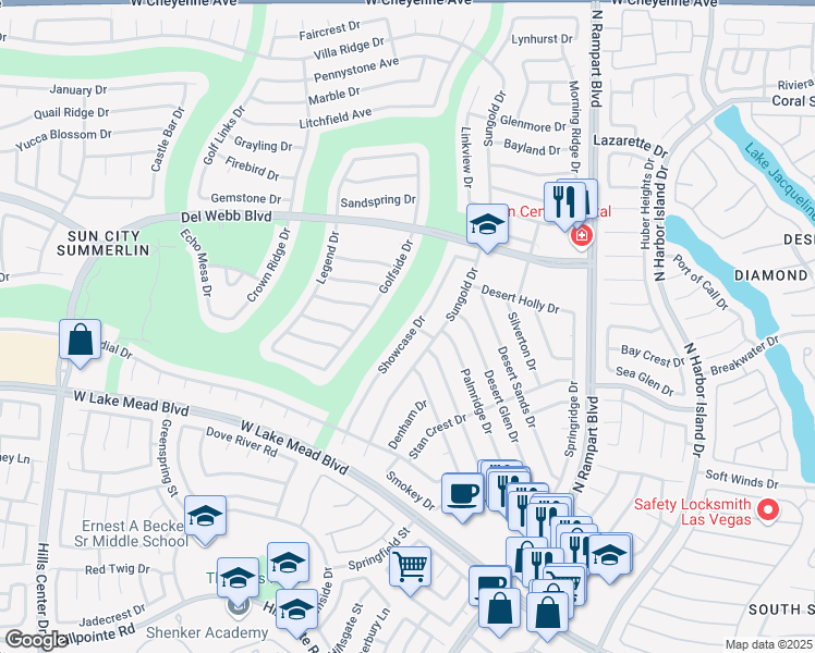 map of restaurants, bars, coffee shops, grocery stores, and more near 2633 Showcase Drive in Las Vegas