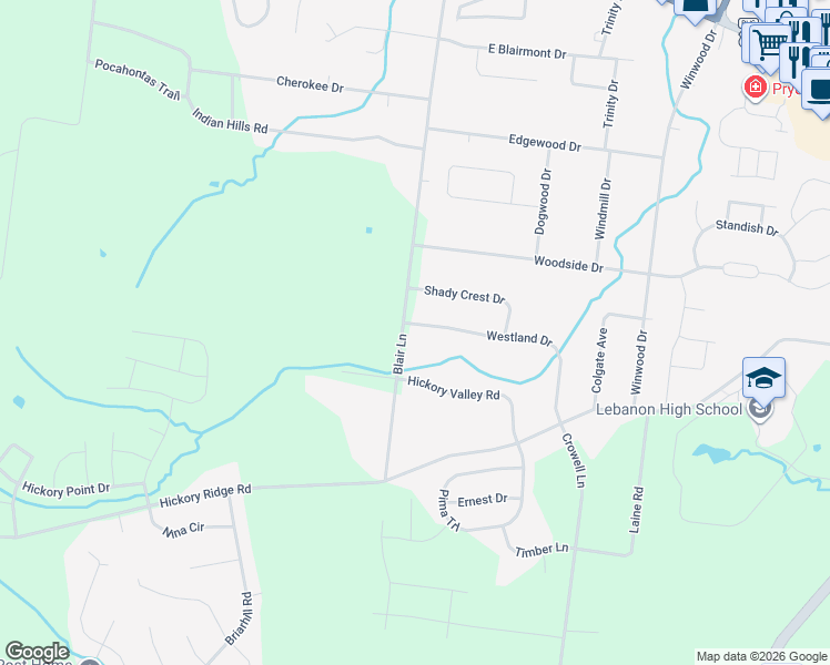 map of restaurants, bars, coffee shops, grocery stores, and more near 1624 Westland Drive in Lebanon