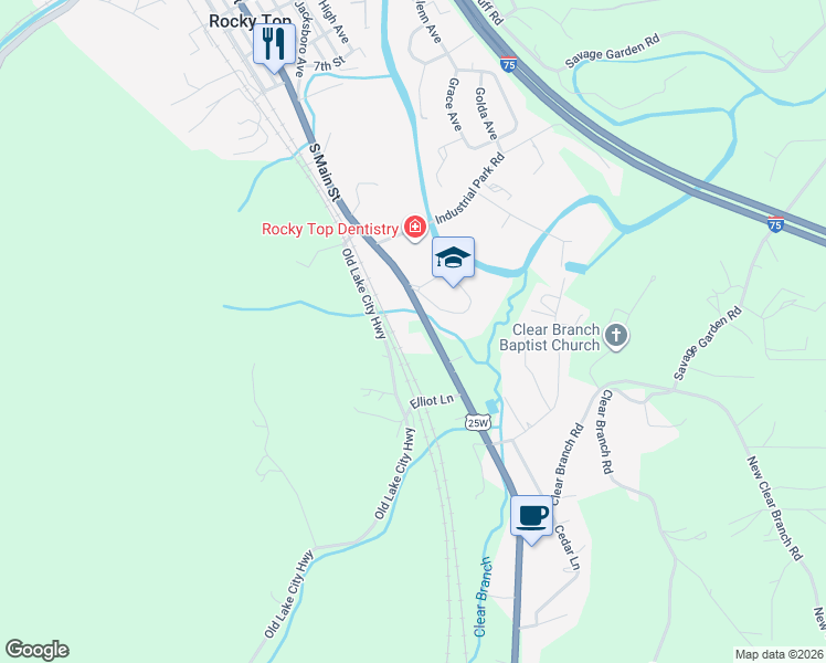 map of restaurants, bars, coffee shops, grocery stores, and more near 1135 South Main Street in Rocky Top