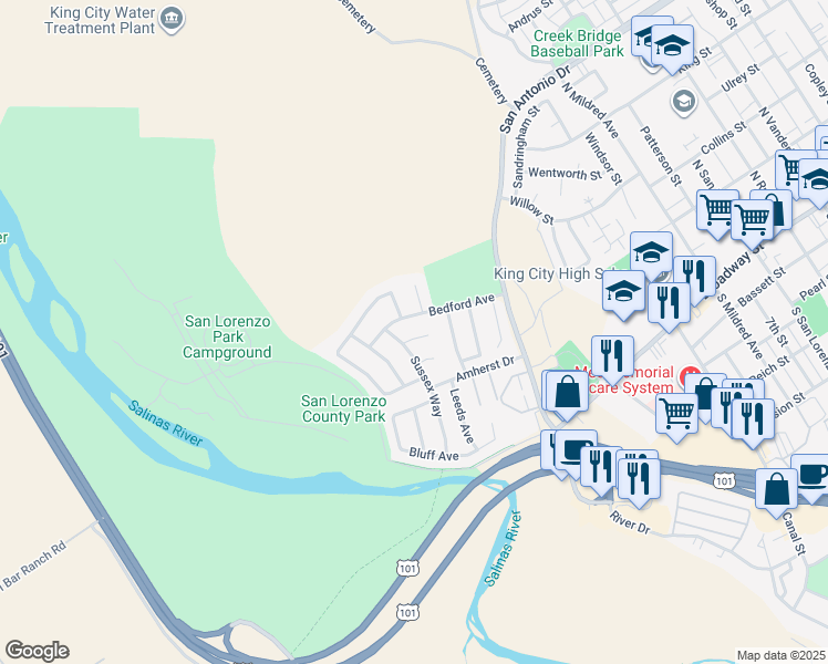 map of restaurants, bars, coffee shops, grocery stores, and more near 1303 Bedford Avenue in King City