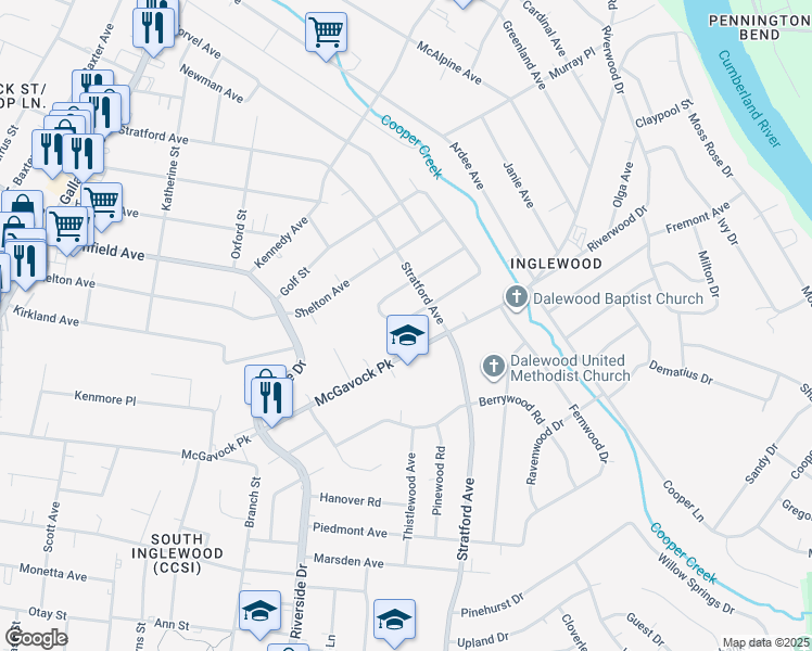 map of restaurants, bars, coffee shops, grocery stores, and more near 3708 Inglewood Circle South in Nashville