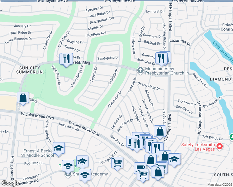 map of restaurants, bars, coffee shops, grocery stores, and more near 2633 Showcase Drive in Las Vegas
