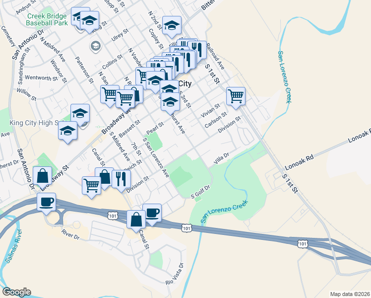 map of restaurants, bars, coffee shops, grocery stores, and more near 416 Division Street in King City