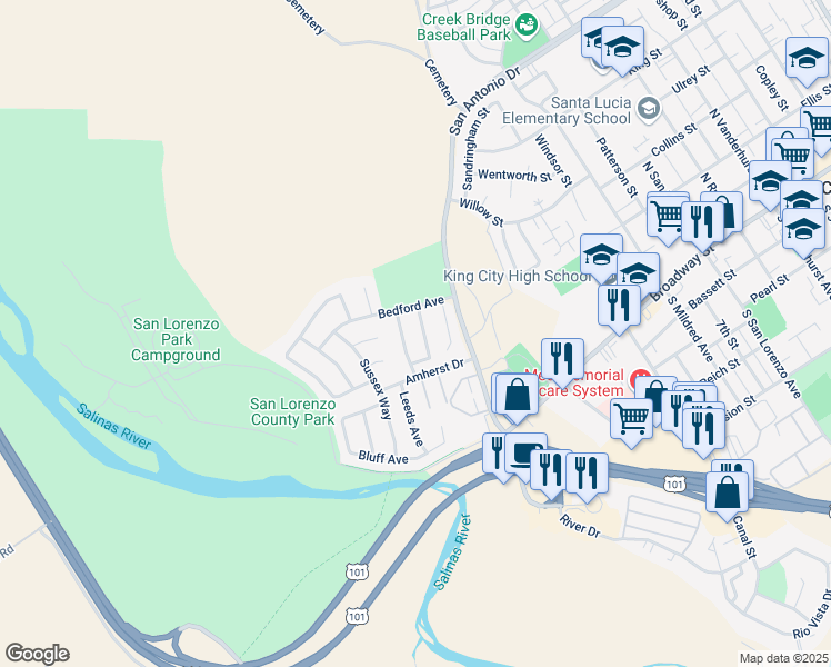 map of restaurants, bars, coffee shops, grocery stores, and more near 255 Brighton Avenue in King City