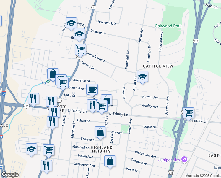 map of restaurants, bars, coffee shops, grocery stores, and more near 359 Queen Avenue in Nashville