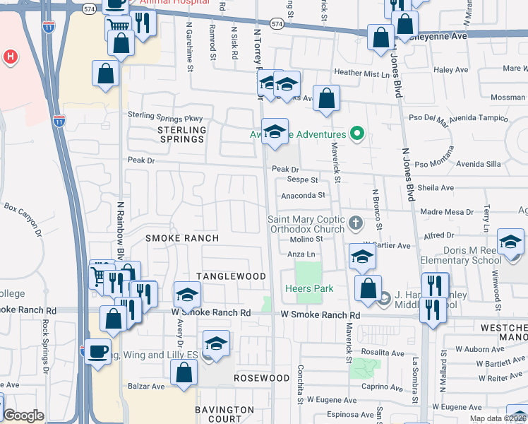 map of restaurants, bars, coffee shops, grocery stores, and more near 2628 Valparaiso Street in Las Vegas