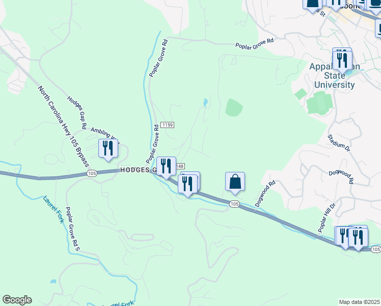 map of restaurants, bars, coffee shops, grocery stores, and more near 131 Hummingbird Hill in Boone