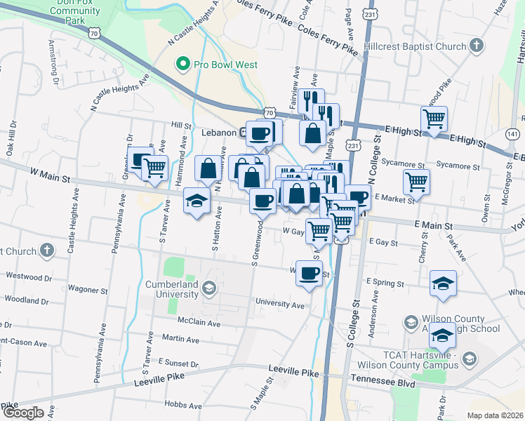 map of restaurants, bars, coffee shops, grocery stores, and more near 307C West Main Street in Lebanon