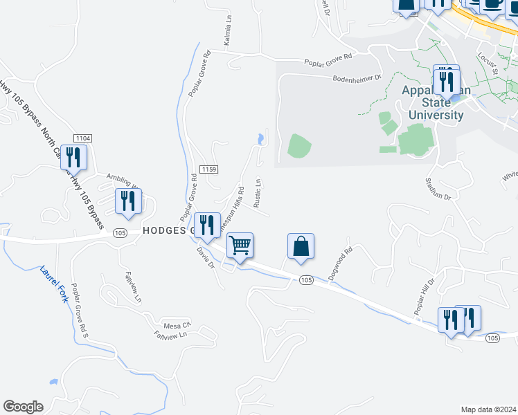 map of restaurants, bars, coffee shops, grocery stores, and more near 116 Rustic Lane in Boone