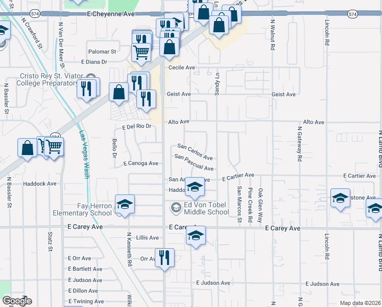 map of restaurants, bars, coffee shops, grocery stores, and more near 3583 San Carlos Avenue in Las Vegas
