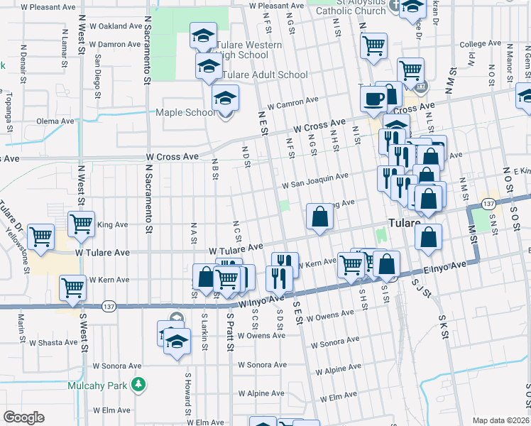 map of restaurants, bars, coffee shops, grocery stores, and more near 215 North E Street in Tulare