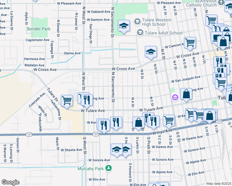 map of restaurants, bars, coffee shops, grocery stores, and more near 244 North Sacramento Street in Tulare
