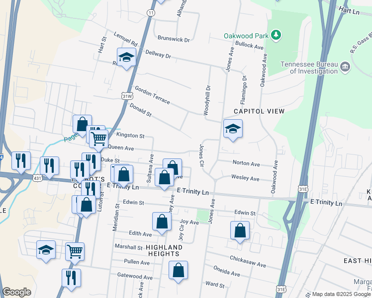 map of restaurants, bars, coffee shops, grocery stores, and more near 359 Queen Ave in Nashville