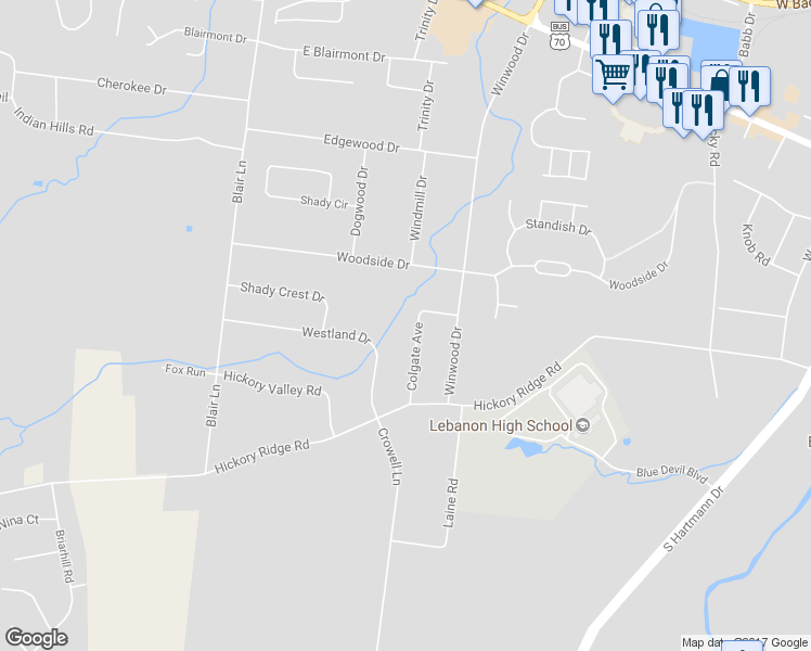 map of restaurants, bars, coffee shops, grocery stores, and more near 401 Colgate Avenue in Lebanon