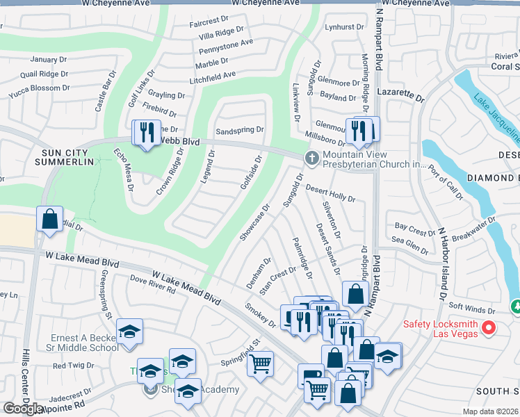 map of restaurants, bars, coffee shops, grocery stores, and more near 2637 Showcase Drive in Las Vegas