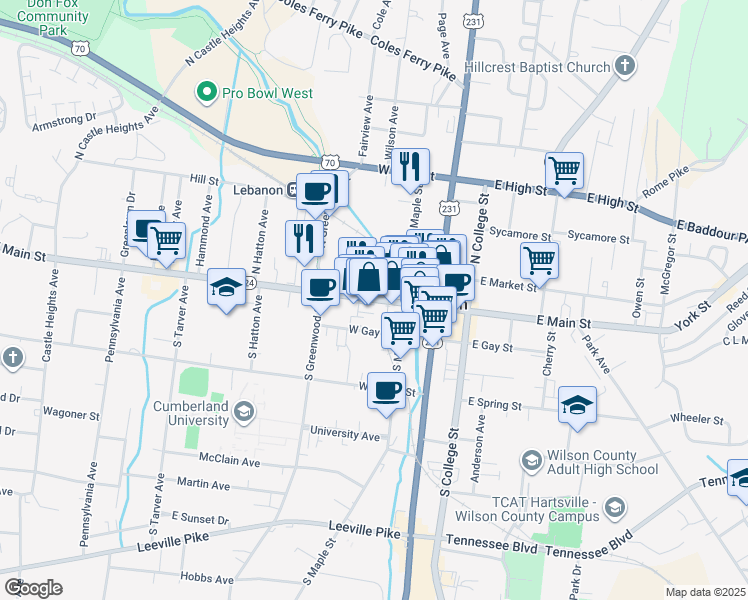 map of restaurants, bars, coffee shops, grocery stores, and more near 225 W Main St in Lebanon