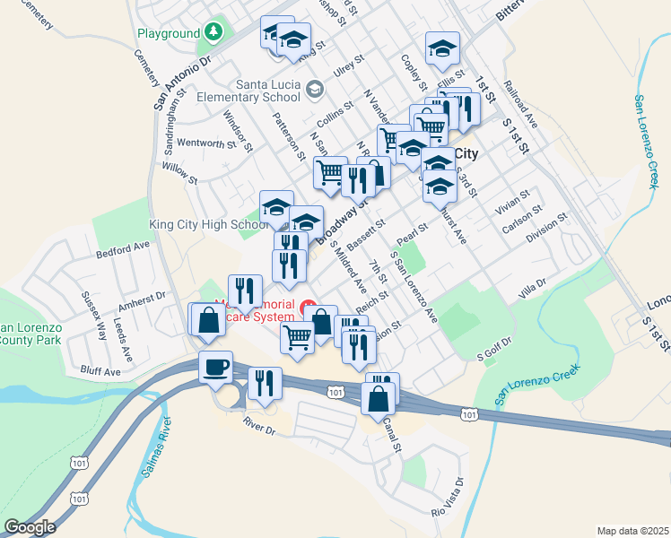 map of restaurants, bars, coffee shops, grocery stores, and more near 711 Bassett Street in King City