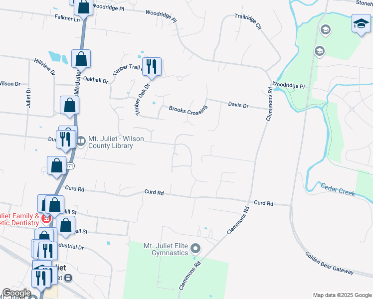 map of restaurants, bars, coffee shops, grocery stores, and more near 1058 Oakhall Drive in Mt. Juliet