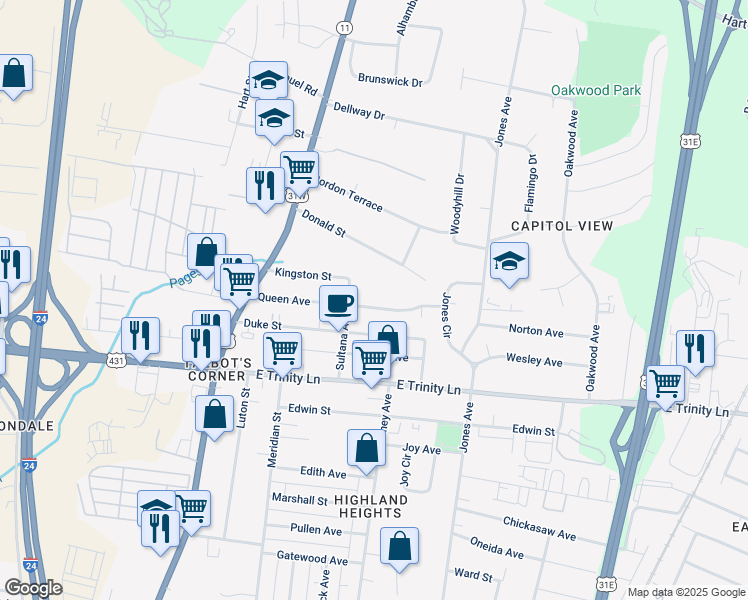 map of restaurants, bars, coffee shops, grocery stores, and more near 325 Queen Avenue in Nashville