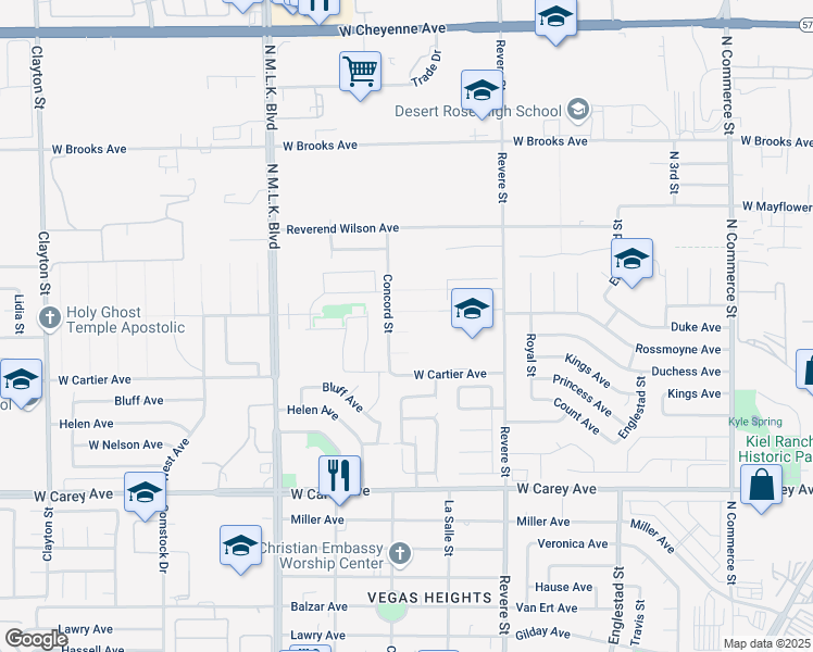 map of restaurants, bars, coffee shops, grocery stores, and more near Duquesne Avenue in North Las Vegas